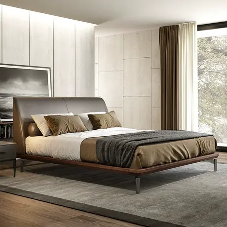 沃购实木床1.8米北欧纳帕真皮靠包软床卧室榉木双人床现代简约1.5商品大图