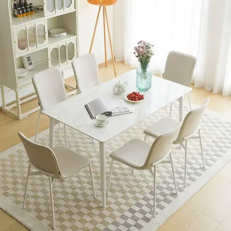 双虎 岩板餐桌小户型家用奶油风网红高级感长方形白色桌椅组合71A商品大图