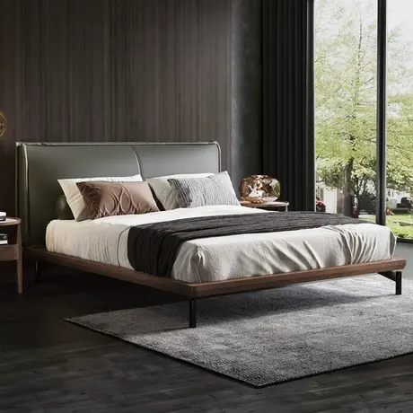 沃购意式轻奢真皮床 现代简约家用主卧双人婚床北欧全实木床1.8米图片