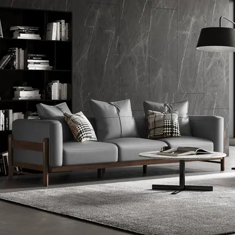 沃购北欧实木沙发意式轻奢科技皮沙发组合小户型家用三人位沙发图片