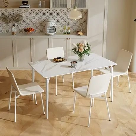 双虎 岩板餐桌小户型家用奶油风网红高级感长方形白色桌椅组合701图片