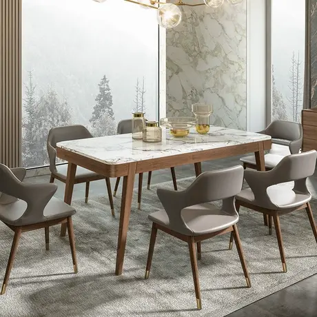 沃购北欧全实木大理石餐桌椅组合现代简约长方形一桌六椅饭台餐桌图片