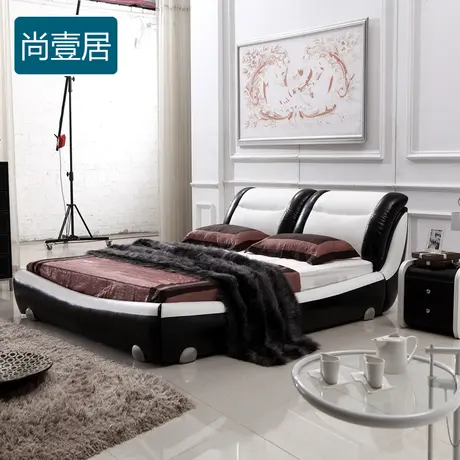 尚壹居 小户型床真皮床 1.8米 双人床婚床 新款床软床 黑白8013图片