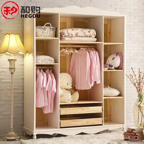 和购 欧式衣柜子 韩式田园衣橱白色整体四门木质卧室实木衣柜HG06图片